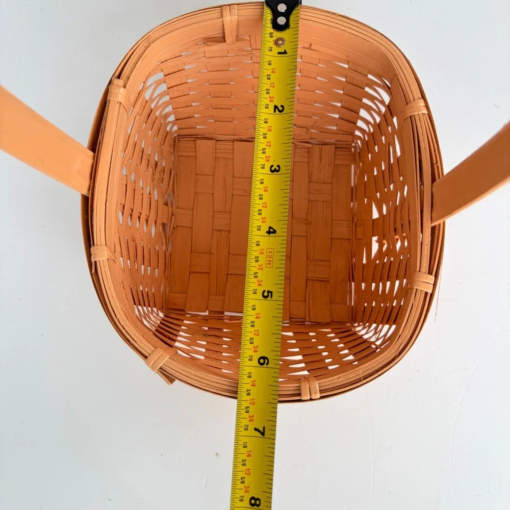 Vintage Hand Painted Woven Wood Floral Basket Peach Orange Cottagecore Decor